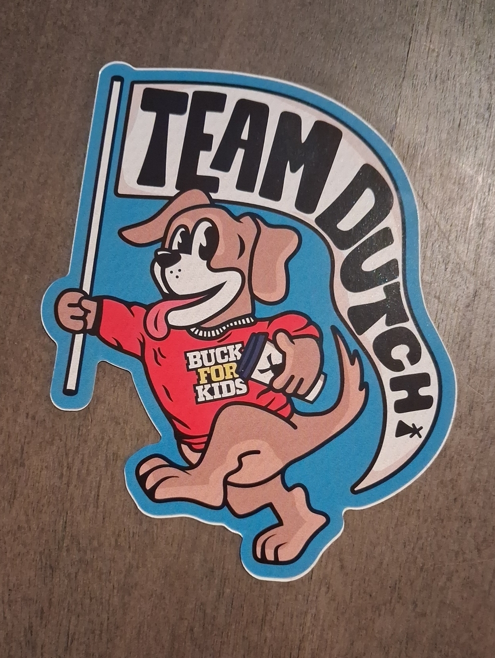 Dutch Bros Team Dutch Blue Sticker with Red Sweater Dog